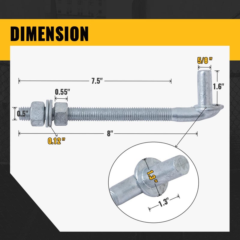 VIVIDA J-Bolt Gate Hinge 8"", VIVIDA J-Bolt Post Hinge with 5/8"" Gate Hinge Pin, J-Bolt Gate Hinge for Chain Link Fence, Galvanized Gate Hinge, Nuts & Washers Included, 2 Pack - Image 2